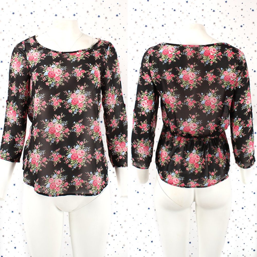 Black Floral Print Sheer Chiffon Blouse Top